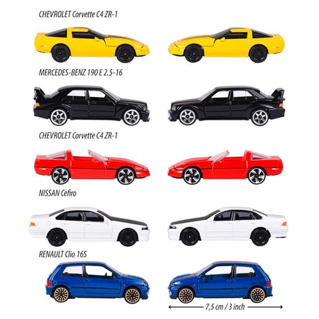 Majorette Youngsters 90’s 5-Piece Giftpack – Die-Cast Toy Cars Set | Includes Chevrolet Corvette C4 ZR-1, Mercedes-Benz 190 E, Nissan Cefiro & Renault Clio 16S – 1:64 Scale Metal Cars with Opening Parts – 3+ Years