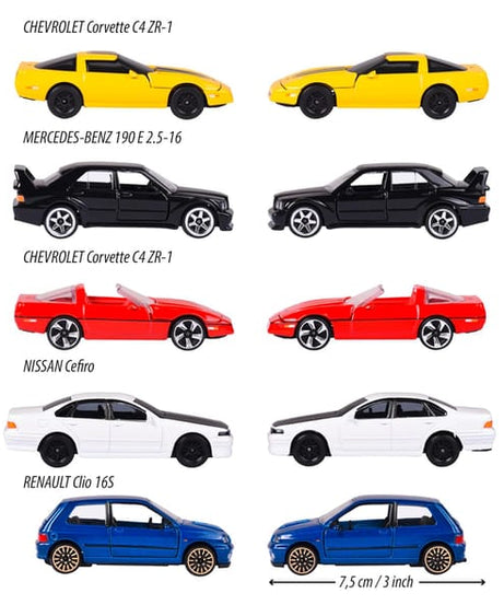 Majorette Youngsters 90’s 5-Piece Giftpack – Die-Cast Toy Cars Set | Includes Chevrolet Corvette C4 ZR-1, Mercedes-Benz 190 E, Nissan Cefiro & Renault Clio 16S – 1:64 Scale Metal Cars with Opening Parts – 3+ Years