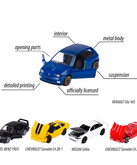 Majorette Youngsters 90’s 5-Piece Giftpack – Die-Cast Toy Cars Set | Includes Chevrolet Corvette C4 ZR-1, Mercedes-Benz 190 E, Nissan Cefiro & Renault Clio 16S – 1:64 Scale Metal Cars with Opening Parts – 3+ Years
