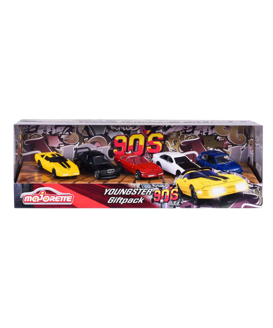 Majorette Youngsters 90’s 5-Piece Giftpack – Die-Cast Toy Cars Set | Includes Chevrolet Corvette C4 ZR-1, Mercedes-Benz 190 E, Nissan Cefiro & Renault Clio 16S – 1:64 Scale Metal Cars with Opening Parts – 3+ Years
