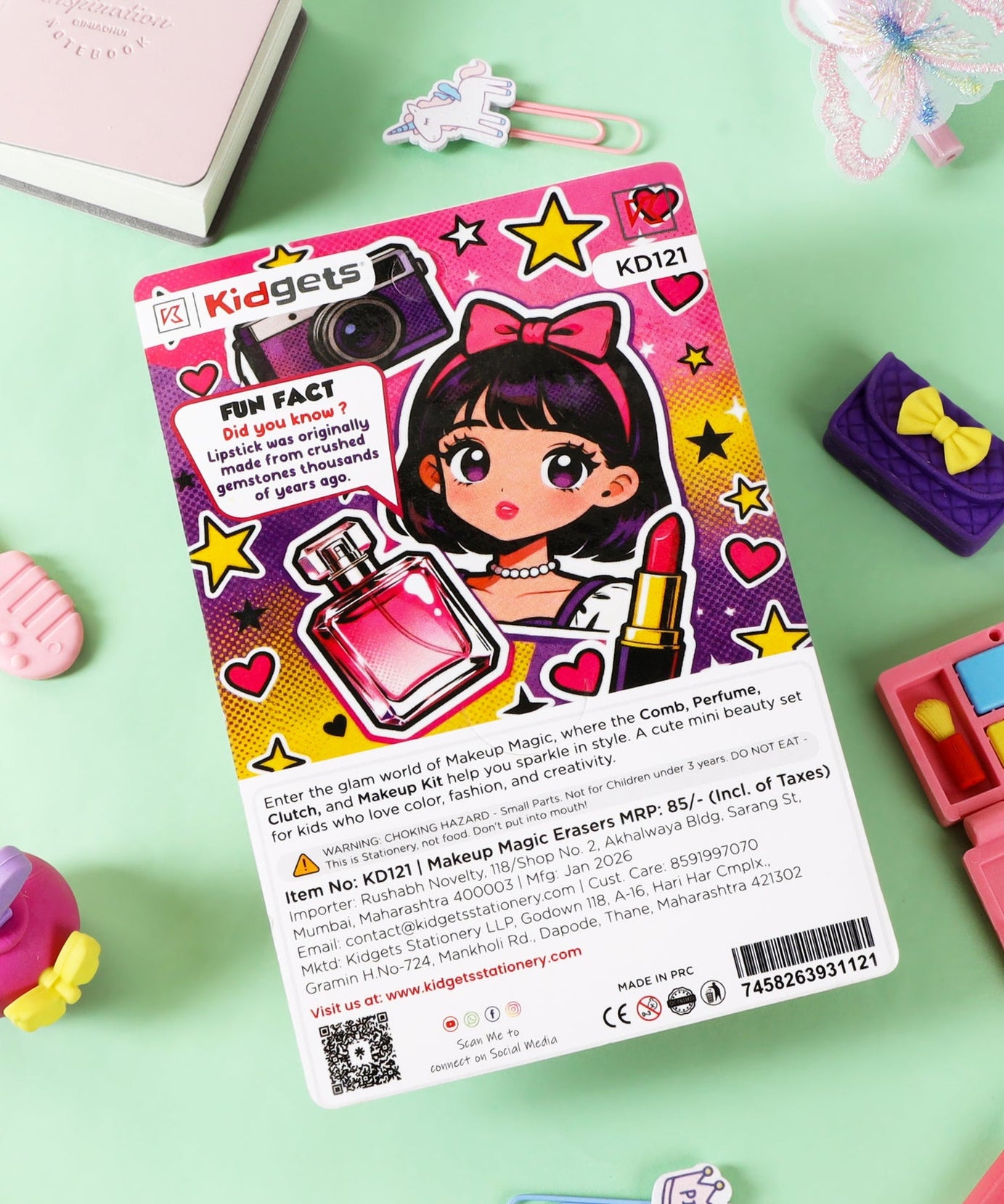 Kidgets KD121 Makeup Magic 3D Eraser Set | 4-Piece Glamour & Beauty Themed Stationery Kit | Fun Collectible Puzzle Erasers for Kids