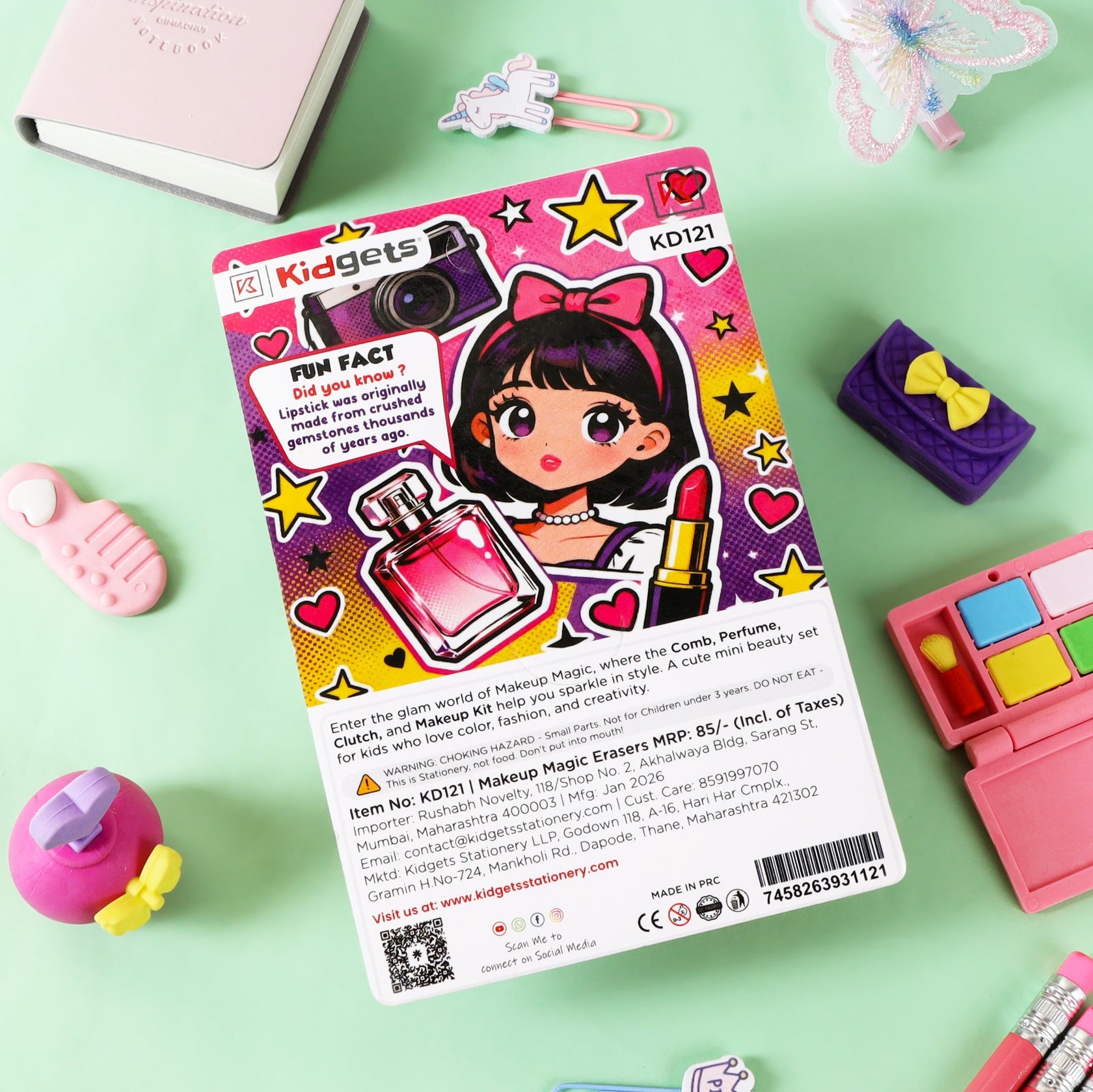 Kidgets KD121 Makeup Magic 3D Eraser Set | 4-Piece Glamour & Beauty Themed Stationery Kit | Fun Collectible Puzzle Erasers for Kids
