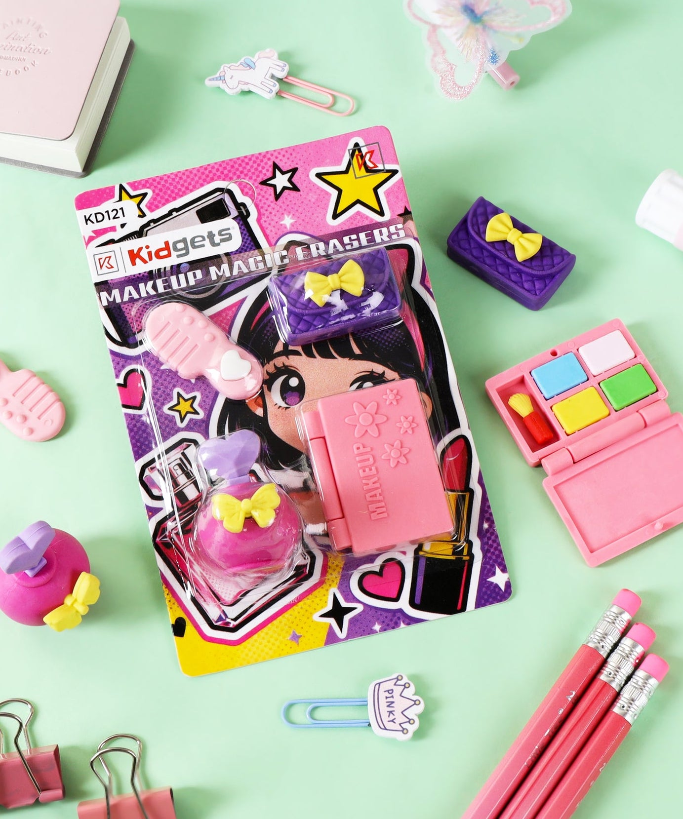Kidgets KD121 Makeup Magic 3D Eraser Set | 4-Piece Glamour & Beauty Themed Stationery Kit | Fun Collectible Puzzle Erasers for Kids