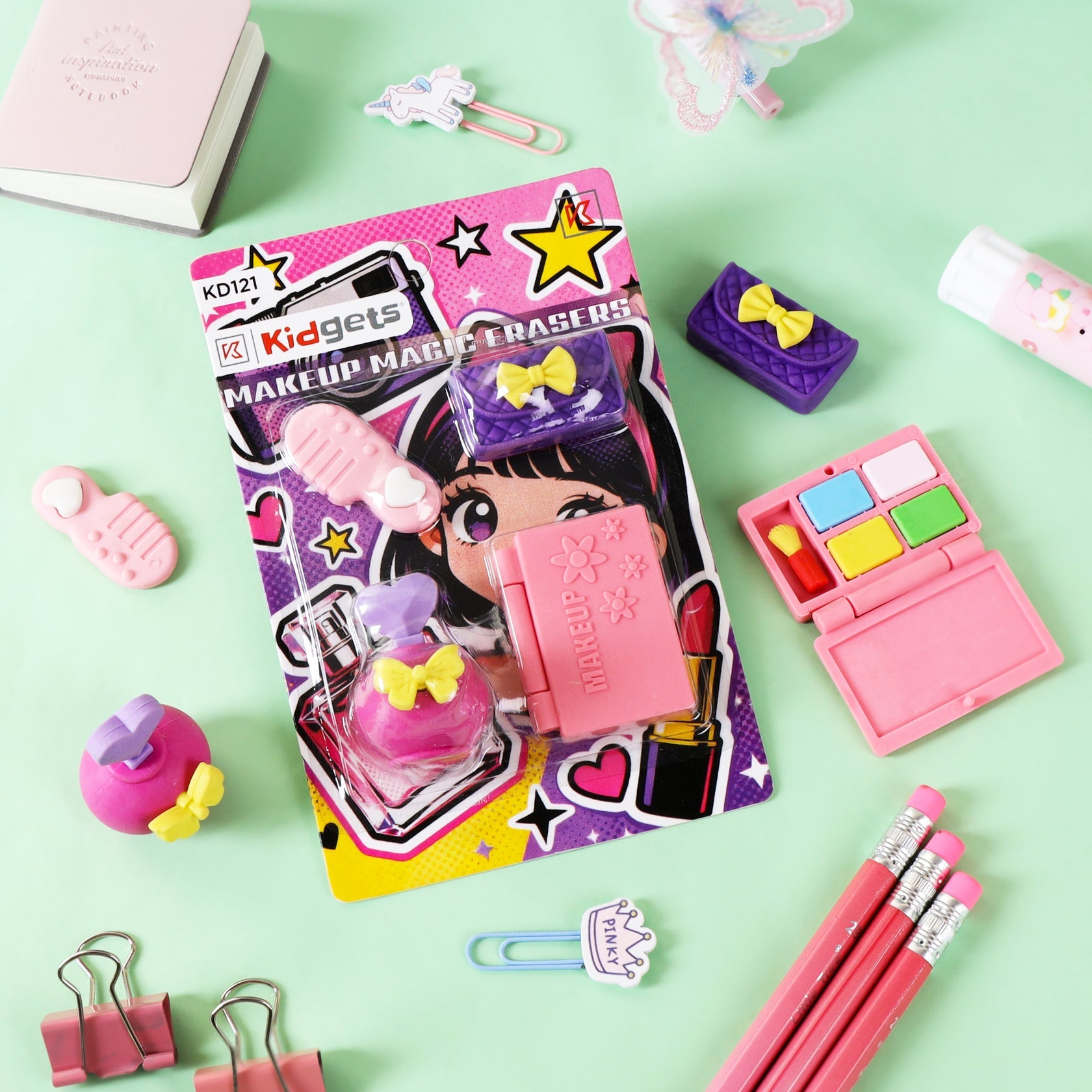 Kidgets KD121 Makeup Magic 3D Eraser Set | 4-Piece Glamour & Beauty Themed Stationery Kit | Fun Collectible Puzzle Erasers for Kids