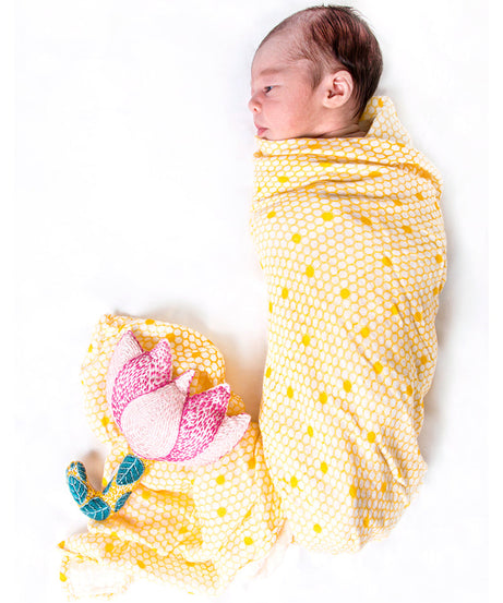 Malabar Baby Organic Muslin Swaddle - Hive Print | GOTS Certified Lightweight Cotton | 47" x 47" | Nature-Inspired Honeycomb Design for Newborns & Infants