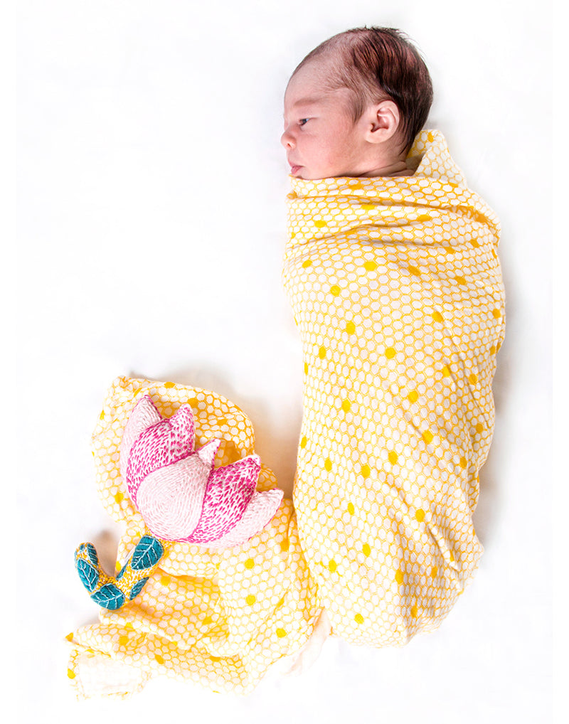 Malabar Baby Organic Muslin Swaddle - Hive Print | GOTS Certified Lightweight Cotton | 47" x 47" | Nature-Inspired Honeycomb Design for Newborns & Infants