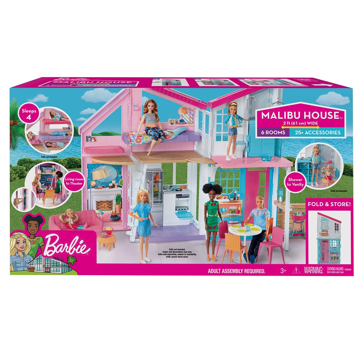 Barbie Malibu House 2-Story, 6-Room Dollhouse with Transformation Features and 25+ Accessories for Kids Ages 3 and Up