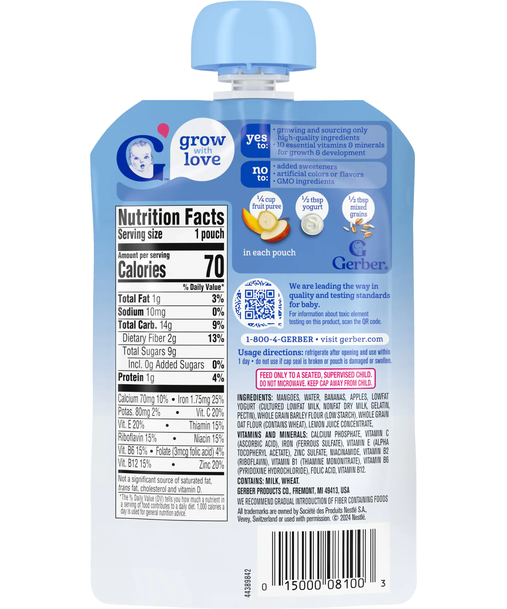 Gerber Mango Banana Apple Fruit Puree, Yogurt & Whole Grains | Supports Healthy Digestion for Toddlers 12+ months | 99g