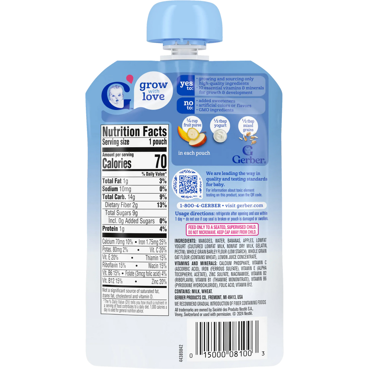 Gerber Mango Banana Apple Fruit Puree, Yogurt & Whole Grains | Supports Healthy Digestion for Toddlers 12+ months | 99g