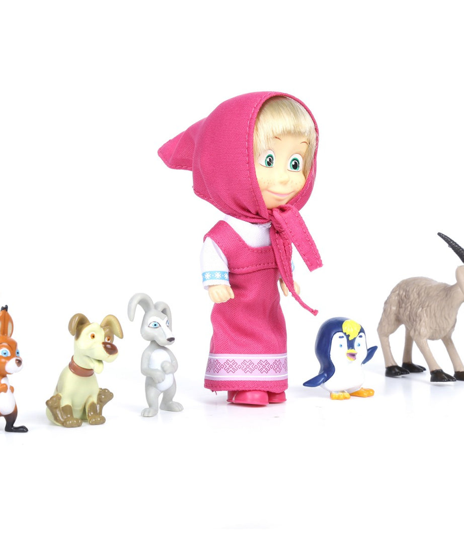 Simba Masha and Her Animal Friends Toy Set – Includes Masha with Rabbit, Squirrel, Penguin, Dog & Goat | Multicolor Play Figures for Kids 3 Years+ | Imaginative Roleplay Toy Gift Set