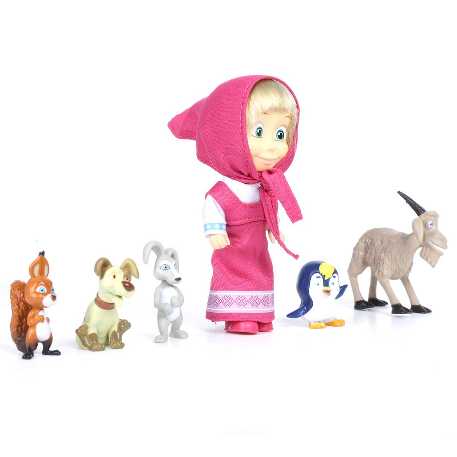 Simba Masha and Her Animal Friends Toy Set – Includes Masha with Rabbit, Squirrel, Penguin, Dog & Goat | Multicolor Play Figures for Kids 3 Years+ | Imaginative Roleplay Toy Gift Set