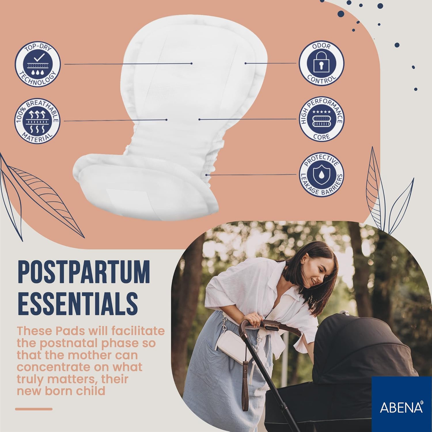 ABENA Postpartum Essentials Maternity Pads featuring top-dry technology, high-performance core, odor control, and protective leakage barriers. Designed for the comfort and convenience of new mothers, ensuring focus on their newborns. Image includes a caring mother strolling with a baby stroller outdoors