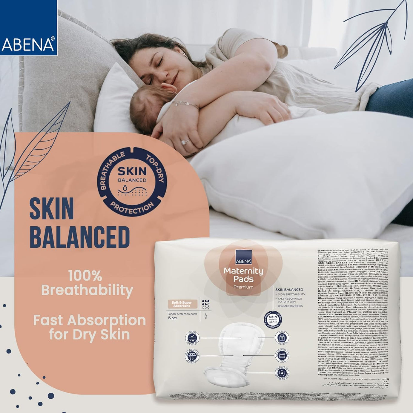 ABENA Maternity Pads Premium with 100% breathability, skin-balanced design, fast absorption for dry skin, and top-quality protection, shown alongside a resting mother and baby for comfort assurance.