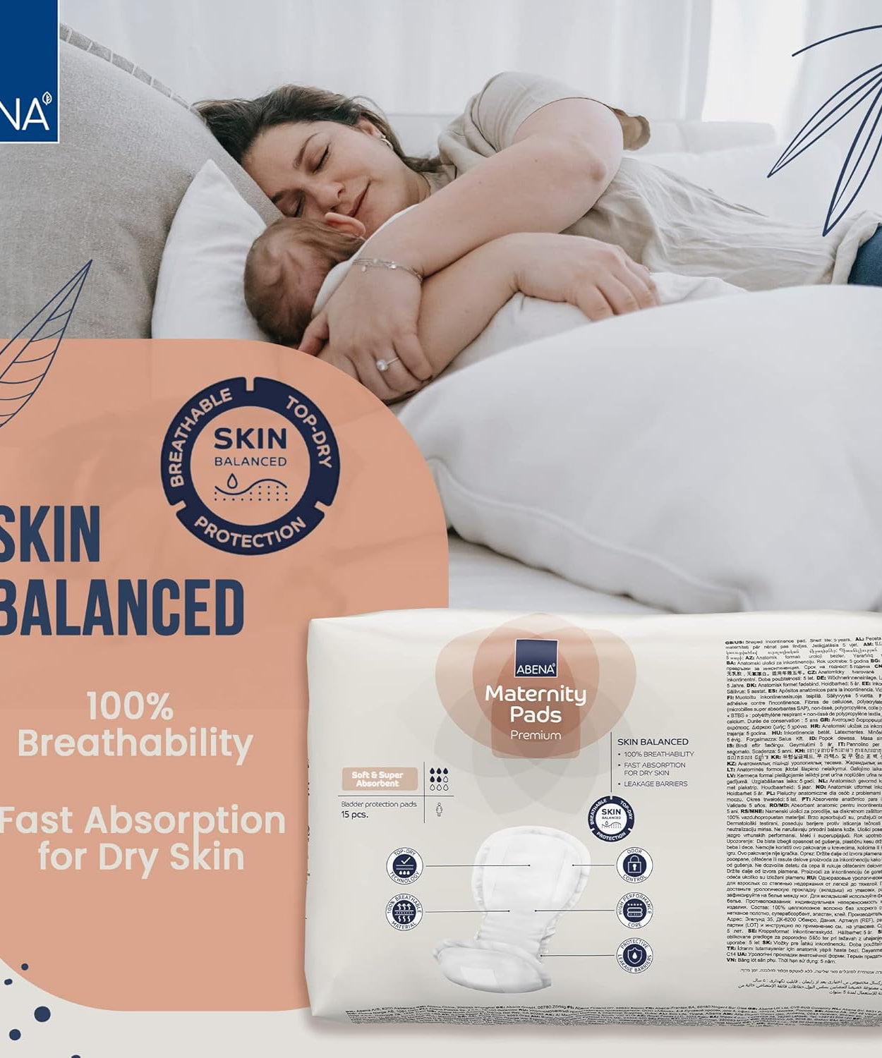 ABENA Maternity Pads Premium with 100% breathability, skin-balanced design, fast absorption for dry skin, and top-quality protection, shown alongside a resting mother and baby for comfort assurance.