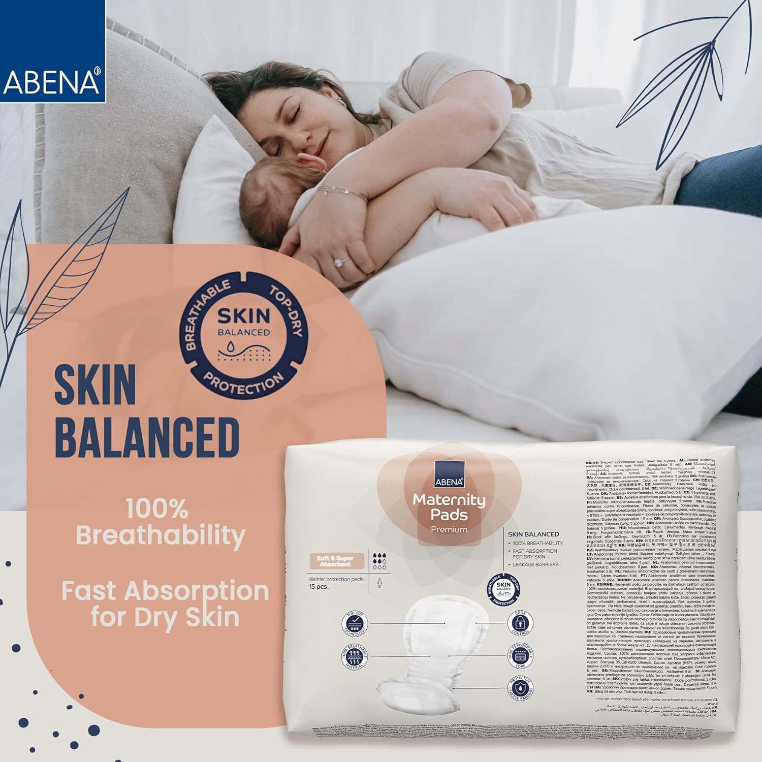 ABENA Maternity Pads Premium with 100% breathability, skin-balanced design, fast absorption for dry skin, and top-quality protection, shown alongside a resting mother and baby for comfort assurance.