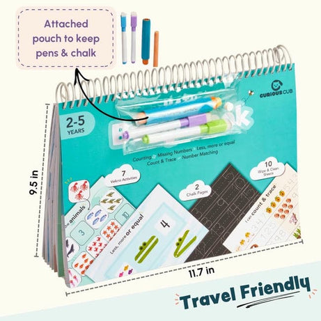 Curious Cub Math Busy Book for Toddlers 2–5 Years | Reusable Montessori-Inspired Learning Book with 6 Velcro Activities, Chalk Page & 10 Wipe-Clean Sheets | Early Math Skills, Travel-Friendly, Screen-Free Fun