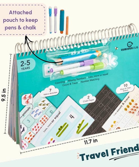 Curious Cub Math Busy Book for Toddlers 2–5 Years | Reusable Montessori-Inspired Learning Book with 6 Velcro Activities, Chalk Page & 10 Wipe-Clean Sheets | Early Math Skills, Travel-Friendly, Screen-Free Fun - MINIMEE KIDS