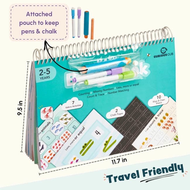 Curious Cub Math Busy Book for Toddlers 2–5 Years | Reusable Montessori-Inspired Learning Book with 6 Velcro Activities, Chalk Page & 10 Wipe-Clean Sheets | Early Math Skills, Travel-Friendly, Screen-Free Fun