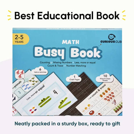 Curious Cub Math Busy Book for Toddlers 2–5 Years | Reusable Montessori-Inspired Learning Book with 6 Velcro Activities, Chalk Page & 10 Wipe-Clean Sheets | Early Math Skills, Travel-Friendly, Screen-Free Fun