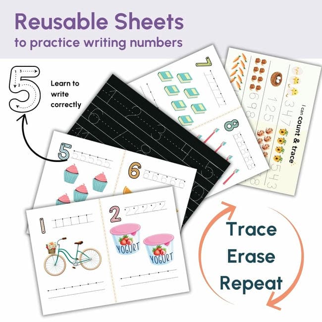 Curious Cub Math Busy Book for Toddlers 2–5 Years | Reusable Montessori-Inspired Learning Book with 6 Velcro Activities, Chalk Page & 10 Wipe-Clean Sheets | Early Math Skills, Travel-Friendly, Screen-Free Fun