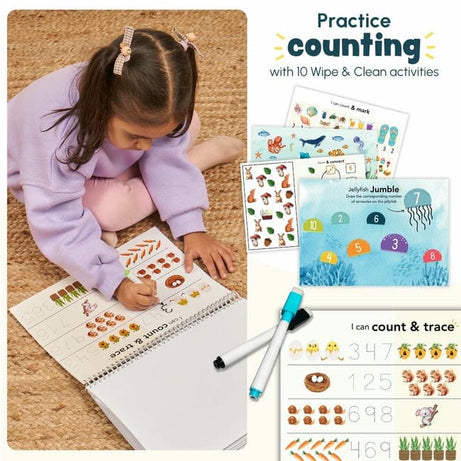 Curious Cub Math Busy Book for Toddlers 2–5 Years | Reusable Montessori-Inspired Learning Book with 6 Velcro Activities, Chalk Page & 10 Wipe-Clean Sheets | Early Math Skills, Travel-Friendly, Screen-Free Fun