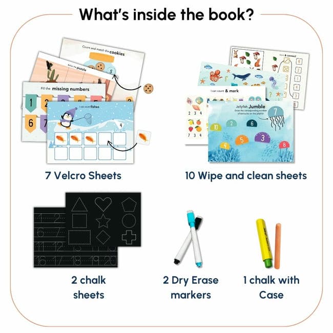 Curious Cub Math Busy Book for Toddlers 2–5 Years | Reusable Montessori-Inspired Learning Book with 6 Velcro Activities, Chalk Page & 10 Wipe-Clean Sheets | Early Math Skills, Travel-Friendly, Screen-Free Fun