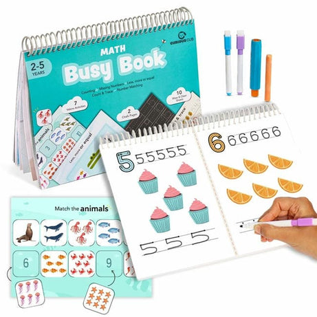 Curious Cub Math Busy Book for Toddlers 2–5 Years | Reusable Montessori-Inspired Learning Book with 6 Velcro Activities, Chalk Page & 10 Wipe-Clean Sheets | Early Math Skills, Travel-Friendly, Screen-Free Fun