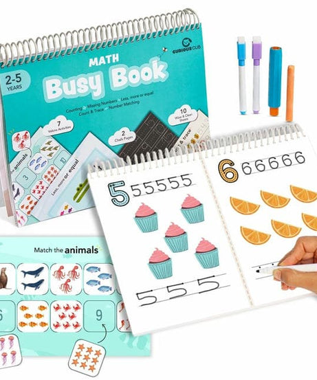 Curious Cub Math Busy Book for Toddlers 2–5 Years | Reusable Montessori-Inspired Learning Book with 6 Velcro Activities, Chalk Page & 10 Wipe-Clean Sheets | Early Math Skills, Travel-Friendly, Screen-Free Fun - MINIMEE KIDS