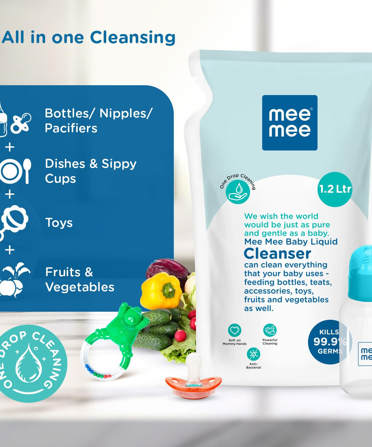 Mee Mee Anti-Bacterial Baby Liquid Cleanser for Liquid vessel nipple cleaning milk bottle clothes Refill Pack - 1.2 Litre - MINIMEE KIDS