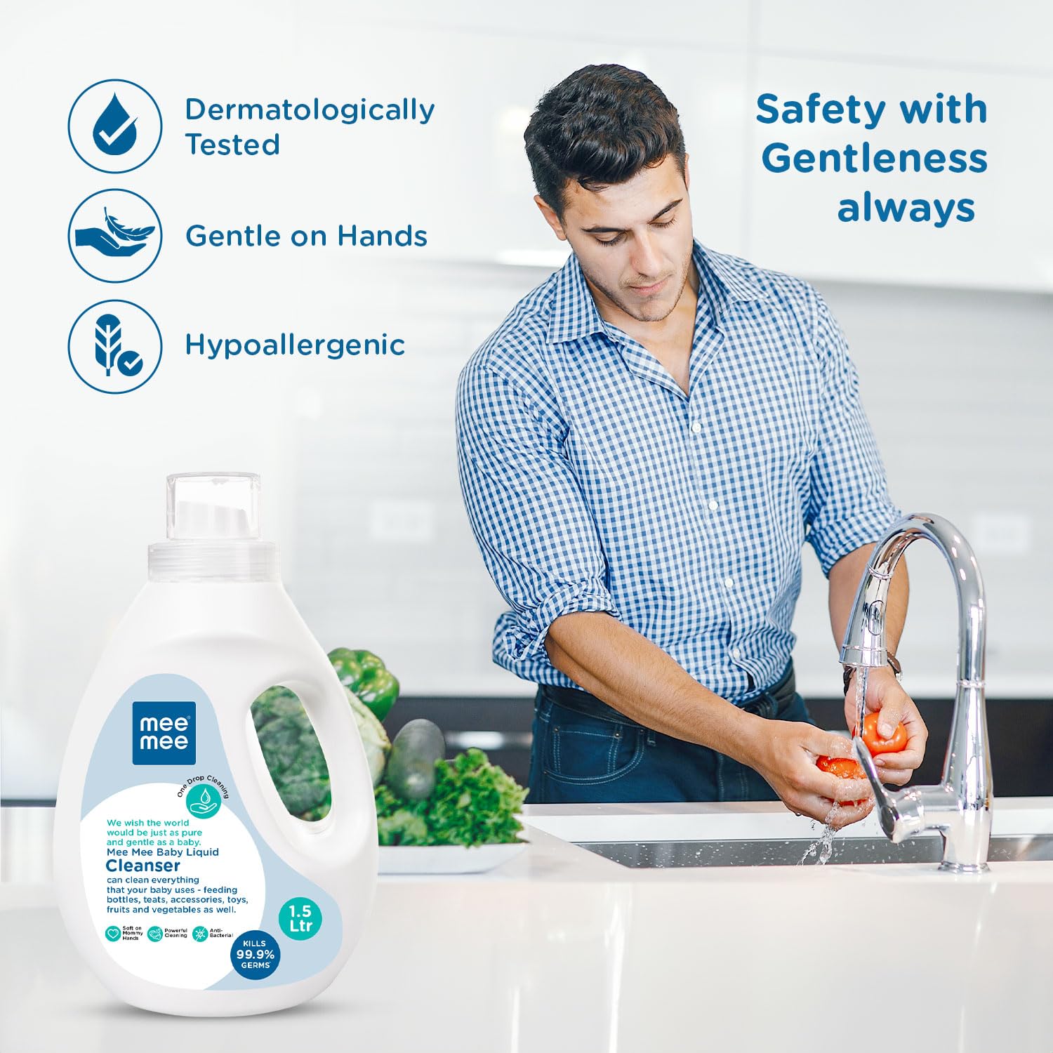 Mee Mee Baby Liquid Cleanser – 1.5L | Multi-Purpose Cleaner for Baby Bottles, Accessories, Toys, Fruits & Vegetables | Removes Stubborn Milk Stains & Odors | Biodegradable & pH Balanced Formula