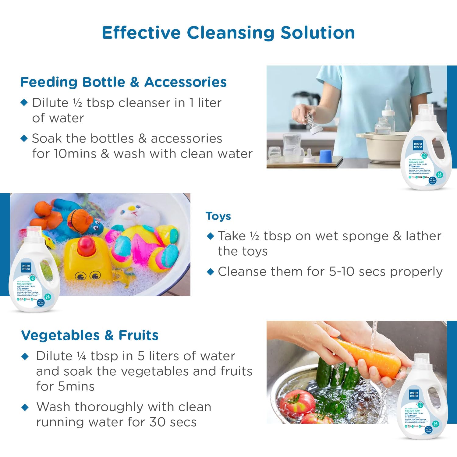 Mee Mee Baby Liquid Cleanser – 1.5L | Multi-Purpose Cleaner for Baby Bottles, Accessories, Toys, Fruits & Vegetables | Removes Stubborn Milk Stains & Odors | Biodegradable & pH Balanced Formula