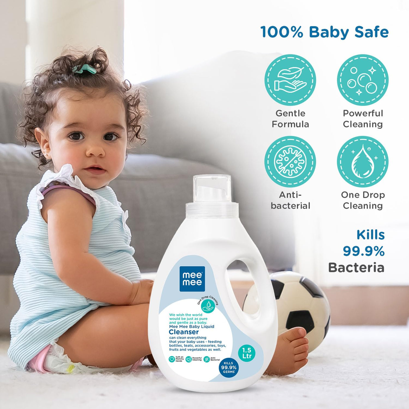 Mee Mee Baby Liquid Cleanser – 1.5L | Multi-Purpose Cleaner for Baby Bottles, Accessories, Toys, Fruits & Vegetables | Removes Stubborn Milk Stains & Odors | Biodegradable & pH Balanced Formula