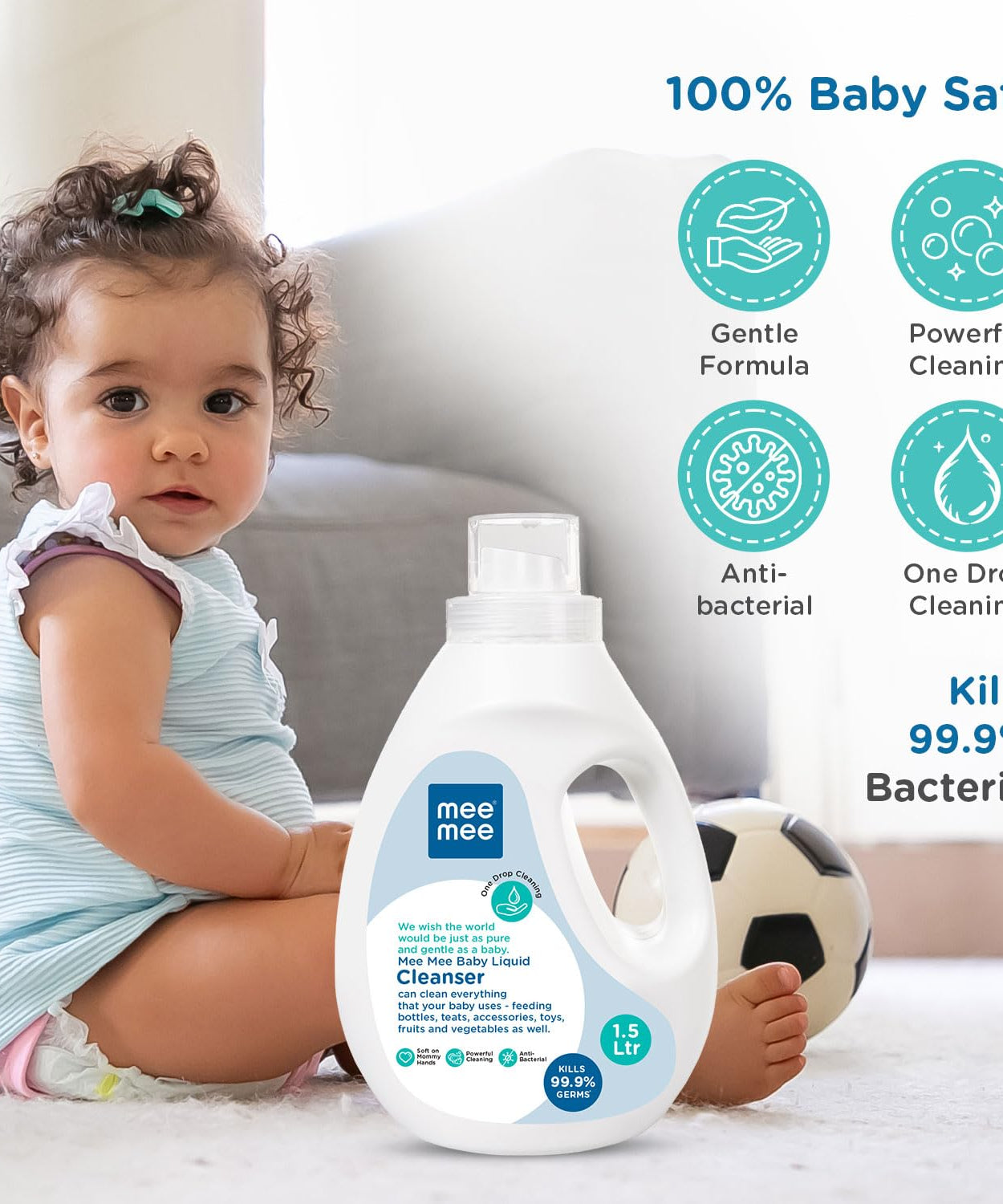 Mee Mee Baby Liquid Cleanser – 1.5L | Multi-Purpose Cleaner for Baby Bottles, Accessories, Toys, Fruits & Vegetables | Removes Stubborn Milk Stains & Odors | Biodegradable & pH Balanced Formula