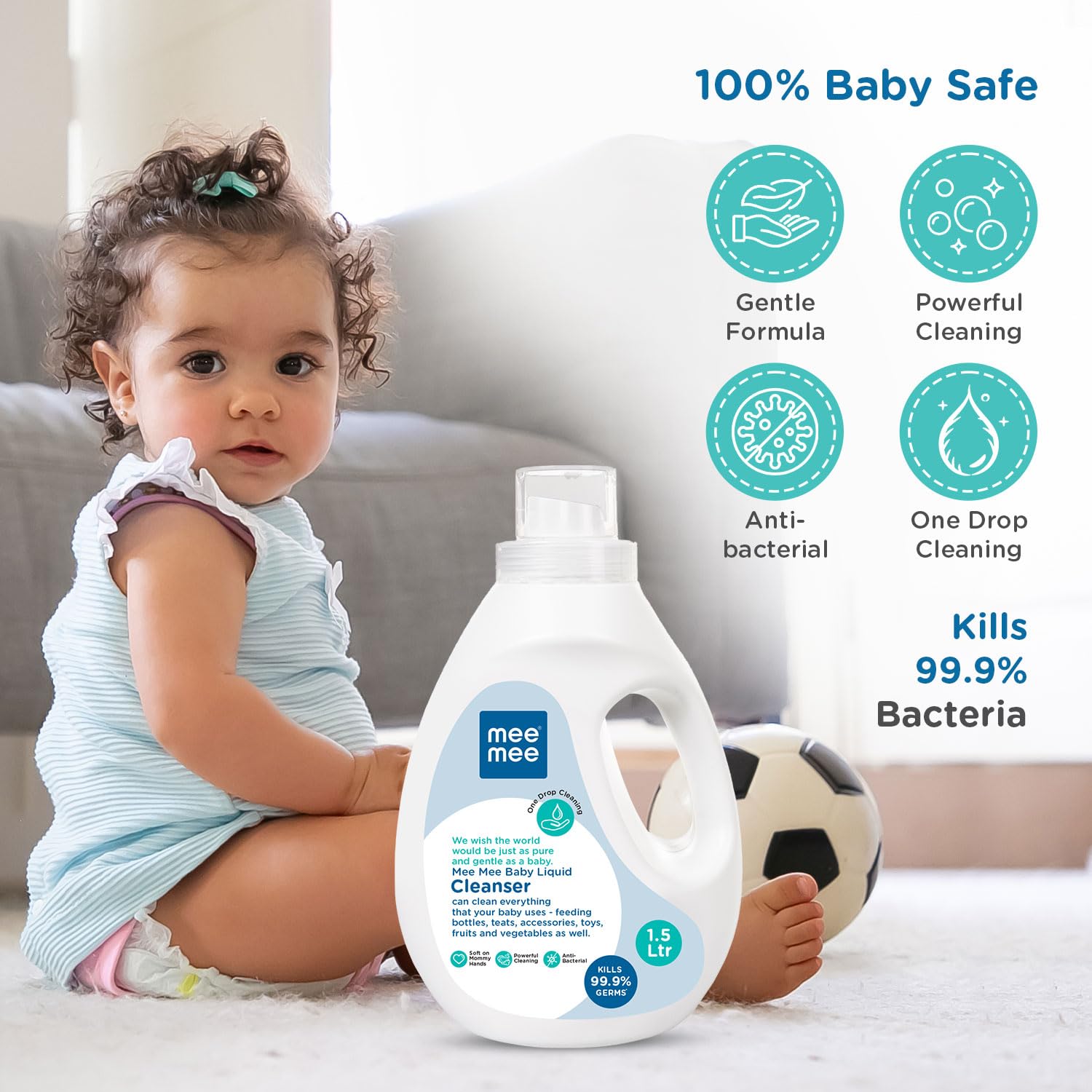 Mee Mee Baby Liquid Cleanser – 1.5L | Multi-Purpose Cleaner for Baby Bottles, Accessories, Toys, Fruits & Vegetables | Removes Stubborn Milk Stains & Odors | Biodegradable & pH Balanced Formula