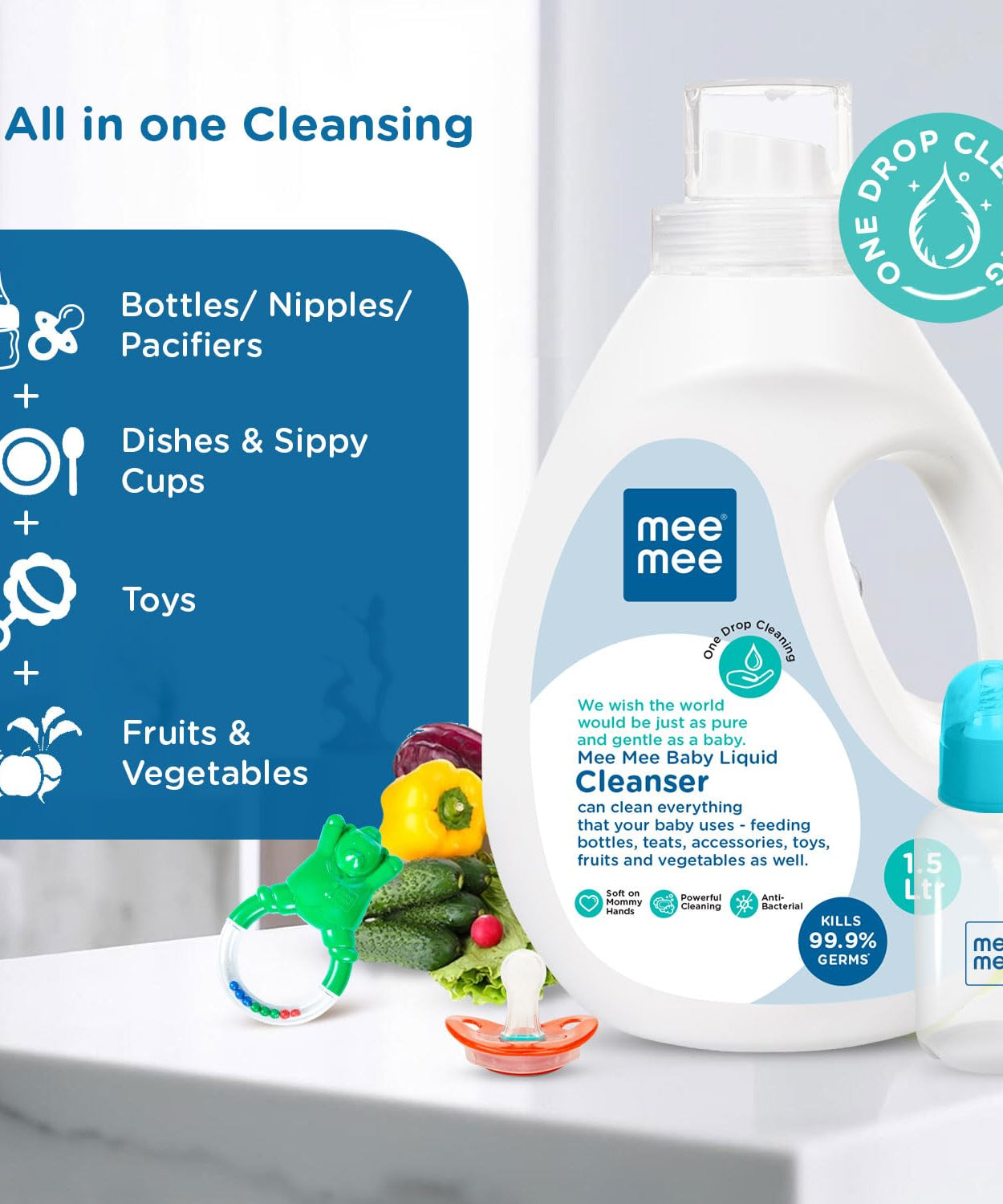 Mee Mee Baby Liquid Cleanser – 1.5L | Multi-Purpose Cleaner for Baby Bottles, Accessories, Toys, Fruits & Vegetables | Removes Stubborn Milk Stains & Odors | Biodegradable & pH Balanced Formula