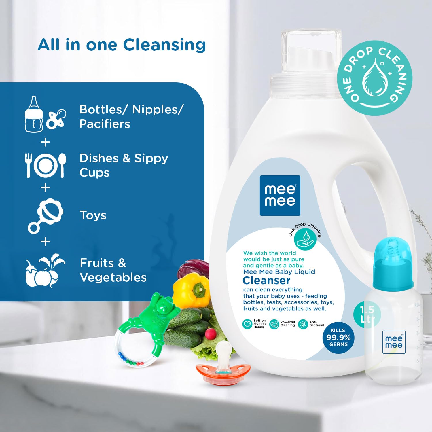 Mee Mee Baby Liquid Cleanser – 1.5L | Multi-Purpose Cleaner for Baby Bottles, Accessories, Toys, Fruits & Vegetables | Removes Stubborn Milk Stains & Odors | Biodegradable & pH Balanced Formula