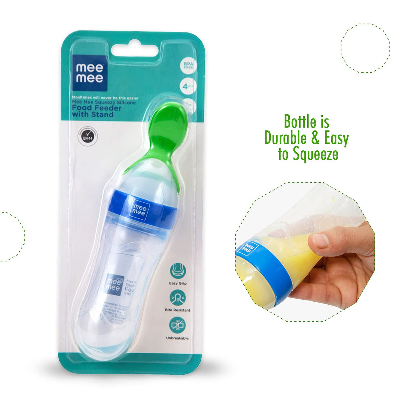 Mee Mee Squeezy Silicone Food Feeder with Stand for Babies 4+ Months | 90ml | Easy Grip & Bite Resistant