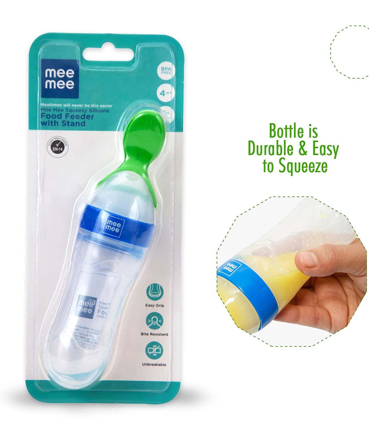 Mee Mee Squeezy Silicone Food Feeder with Stand for Babies 4+ Months | 90ml | Easy Grip & Bite Resistant (Color May Vary)