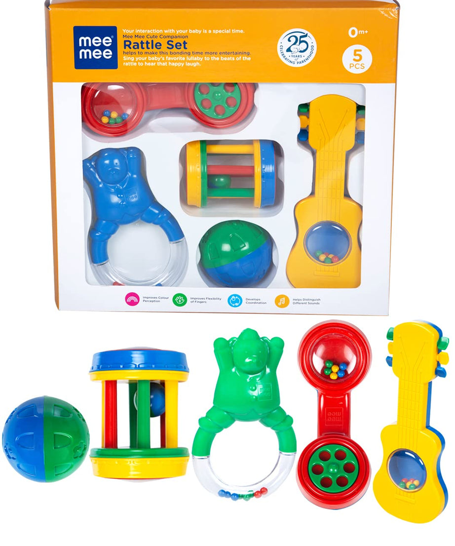 Mee Mee Baby Rattle Gift Set (7 Pieces) | 100% Safe & Non-Toxic Rattles for Newborns & Infants | BPA-Free Sensory Toys for Early Development & Hand-Eye Coordination | Color & Print may vary
