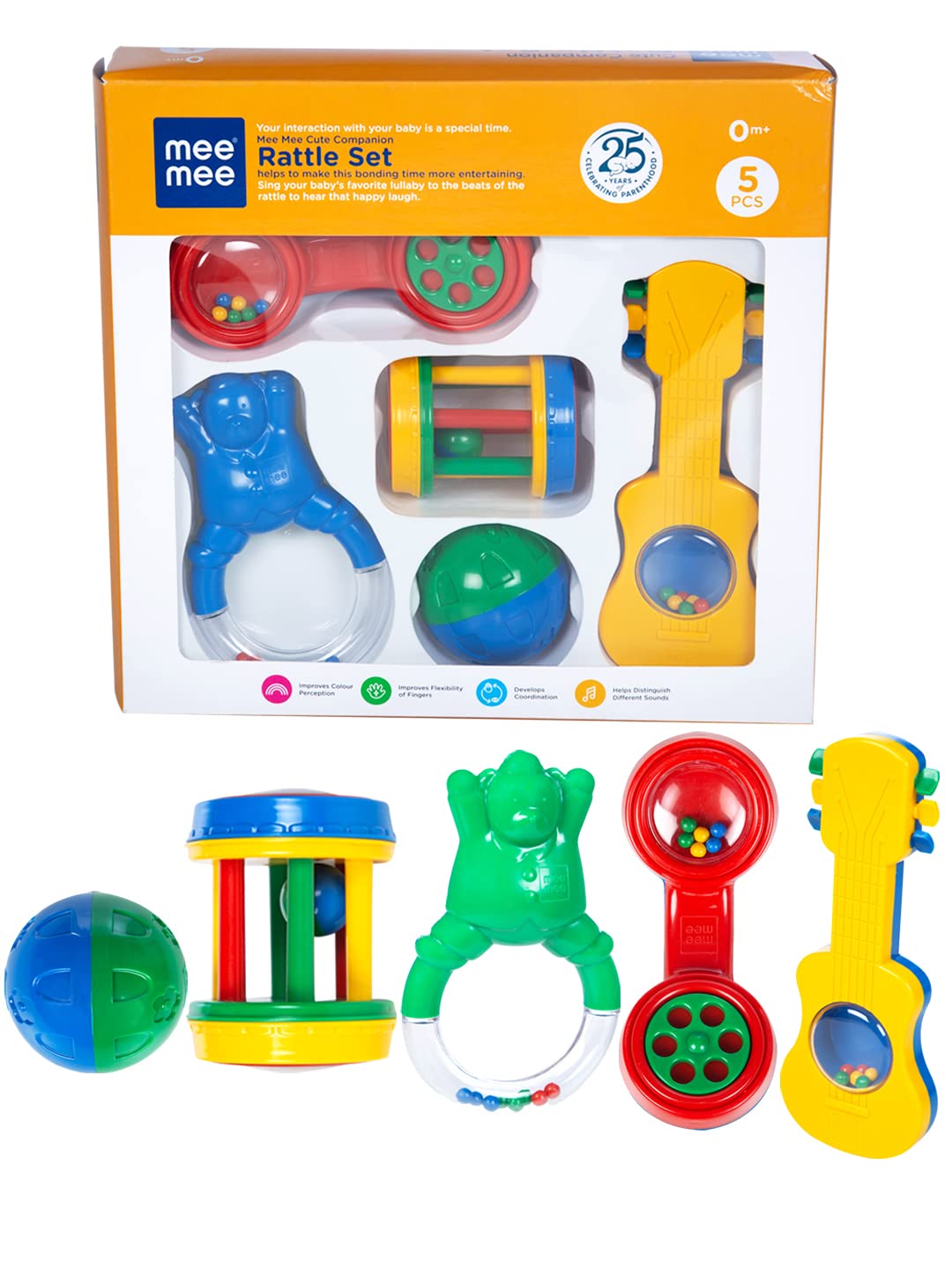 Mee Mee Baby Rattle Gift Set (7 Pieces) | 100% Safe & Non-Toxic Rattles for Newborns & Infants | BPA-Free Sensory Toys for Early Development & Hand-Eye Coordination | Color & Print may vary