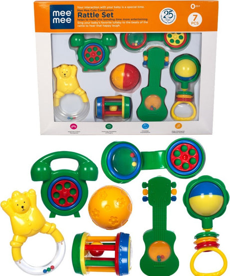 Mee Mee Baby Rattle Gift Set (7 Pieces) | 100% Safe & Non-Toxic Rattles for Newborns & Infants | BPA-Free Sensory Toys for Early Development & Hand-Eye Coordination | Color & Print may vary