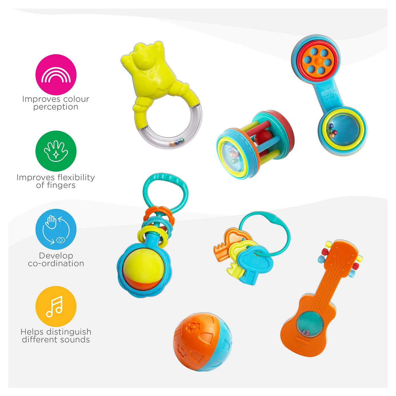 Mee Mee Baby Rattle Gift Set (7 Pieces) | 100% Safe & Non-Toxic Rattles for Newborns & Infants | BPA-Free Sensory Toys for Early Development & Hand-Eye Coordination | Color & Print may vary