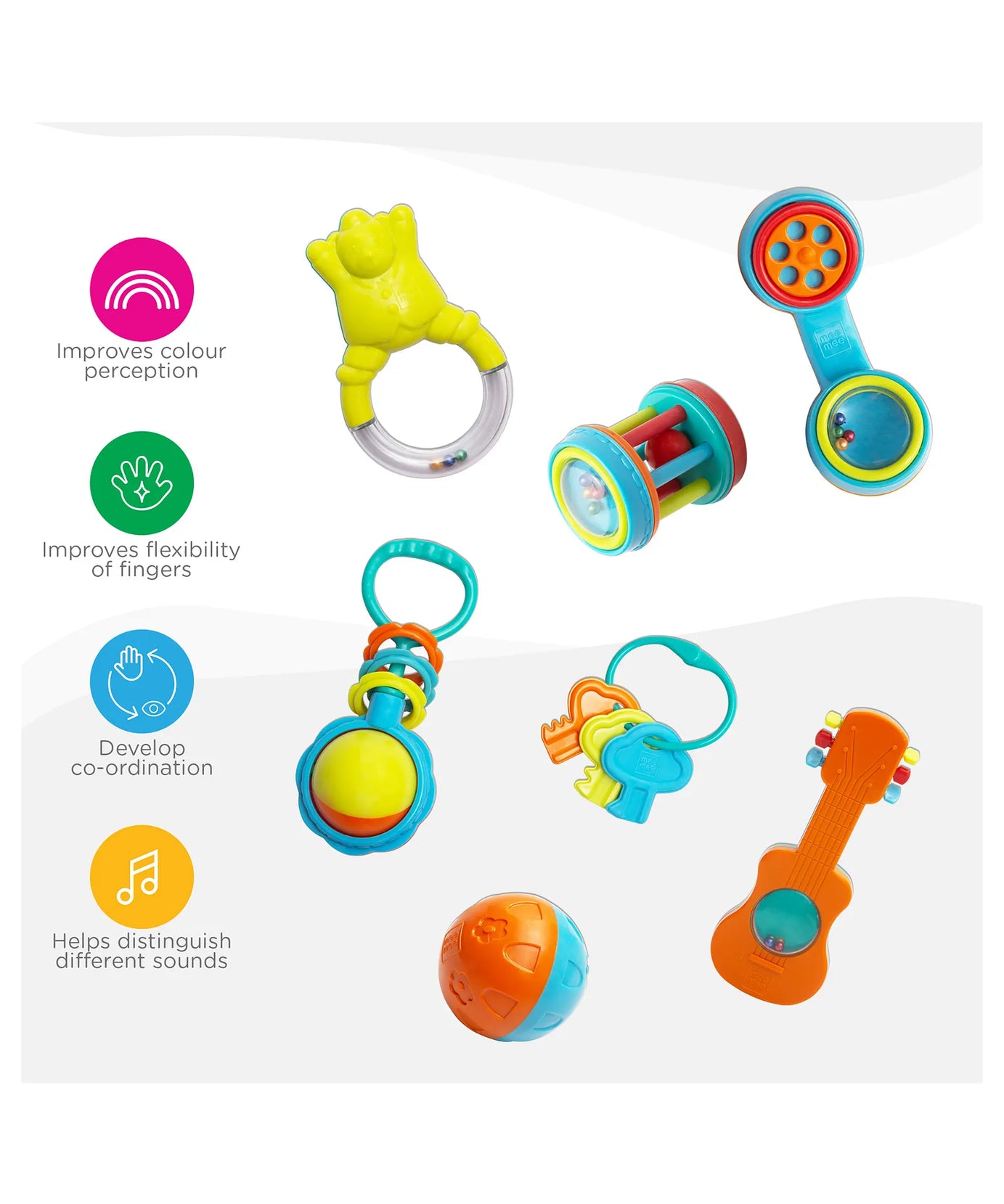 Mee Mee Baby Rattle Gift Set (7 Pieces) | 100% Safe & Non-Toxic Rattles for Newborns & Infants | BPA-Free Sensory Toys for Early Development & Hand-Eye Coordination | Color & Print may vary