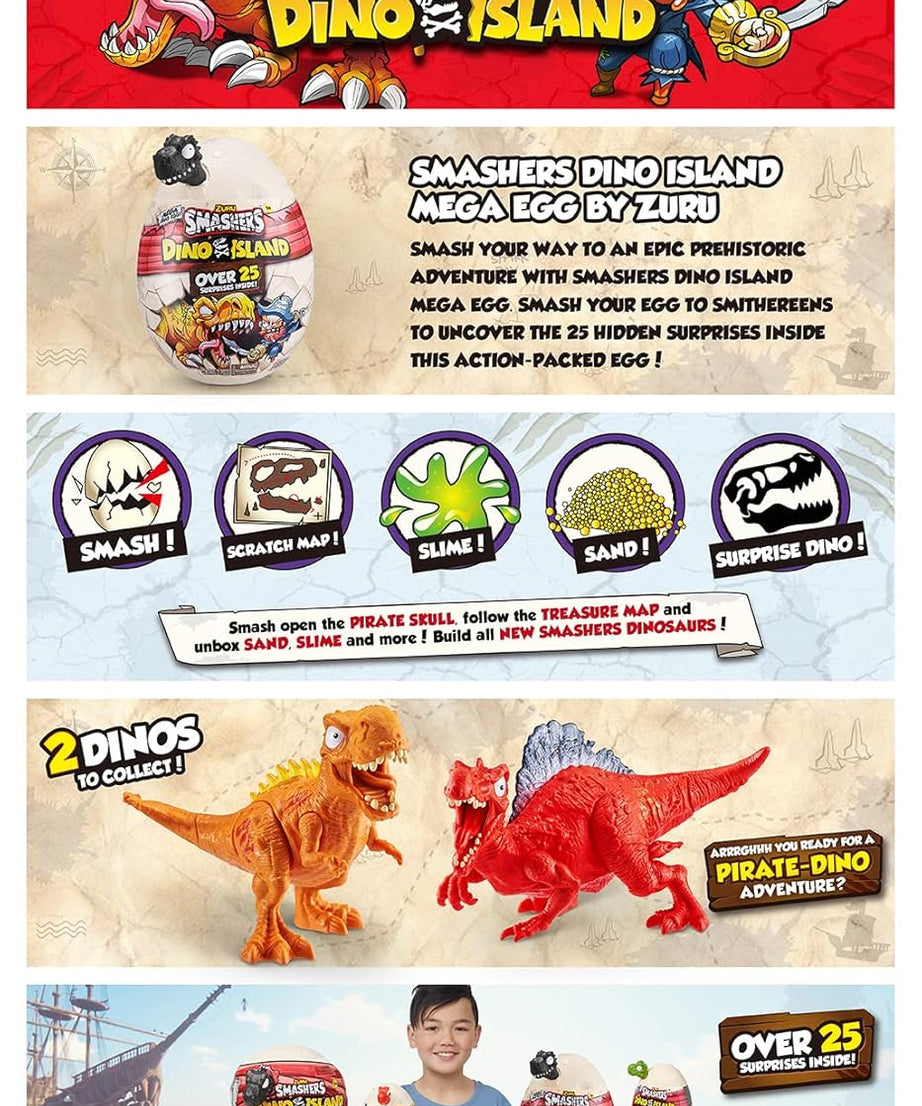 ZURU Smashers Dino Island Mega Dino Egg – 25+ Surprises, Dinosaur Toys for Kids, Includes Slime, Sand & More, Ages 5+ - MINIMEE KIDS