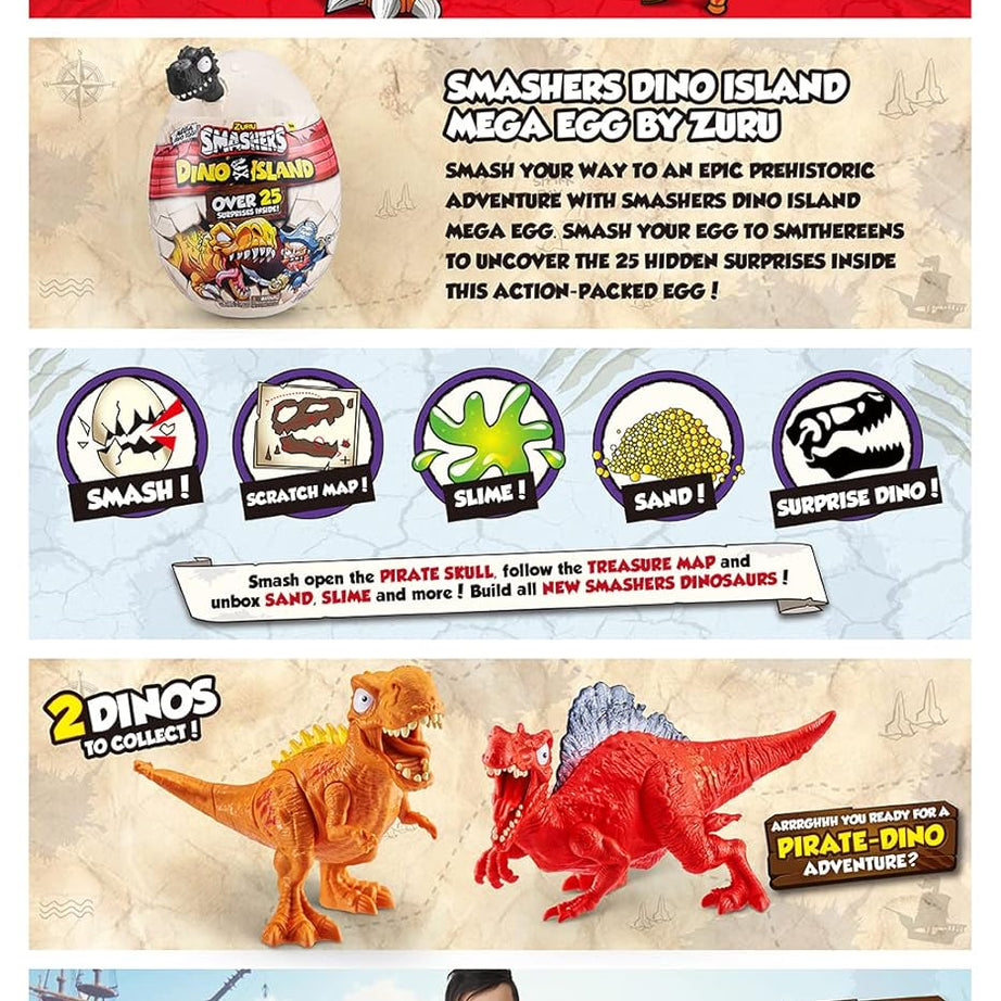 ZURU Smashers Dino Island Mega Dino Egg – 25+ Surprises, Dinosaur Toys for Kids, Includes Slime, Sand & More, Ages 5+