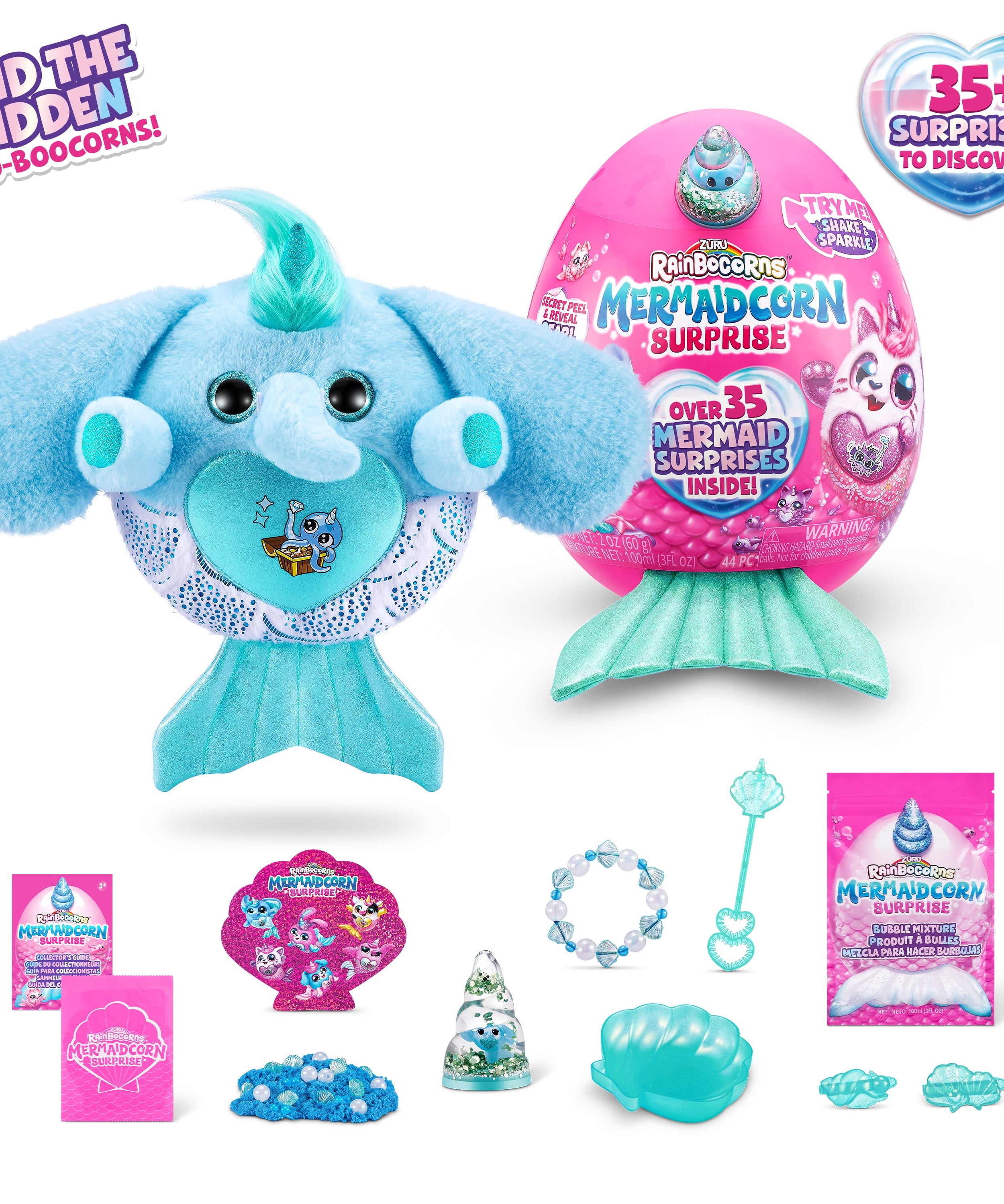 Zuru Rainbocorns Mermaidcorn Surprise - Over 35 Mermaid-Themed Surprises Inside, Including Water Globe Horn and Glittery Tail - Plush Toy for Kids Ages 3+