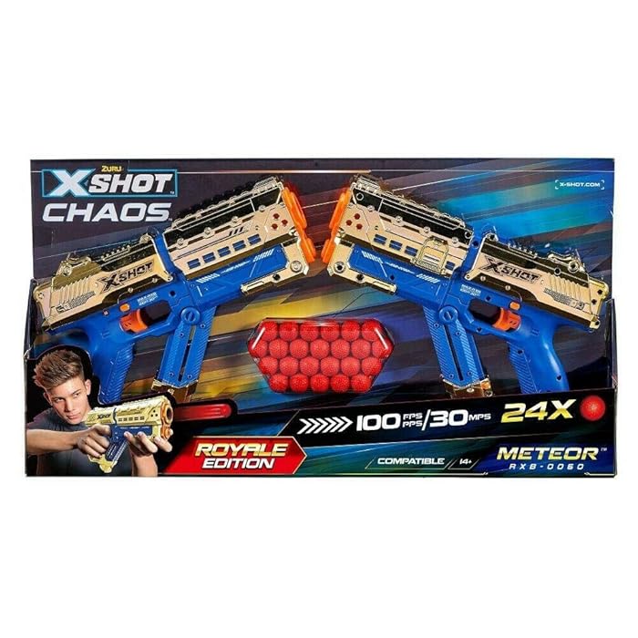 ZURU X-SHOT Chaos Royale Edition 2-Pack Meteor Round Blaster - Golden Blasters with 24 Darts, 6-Round Capacity