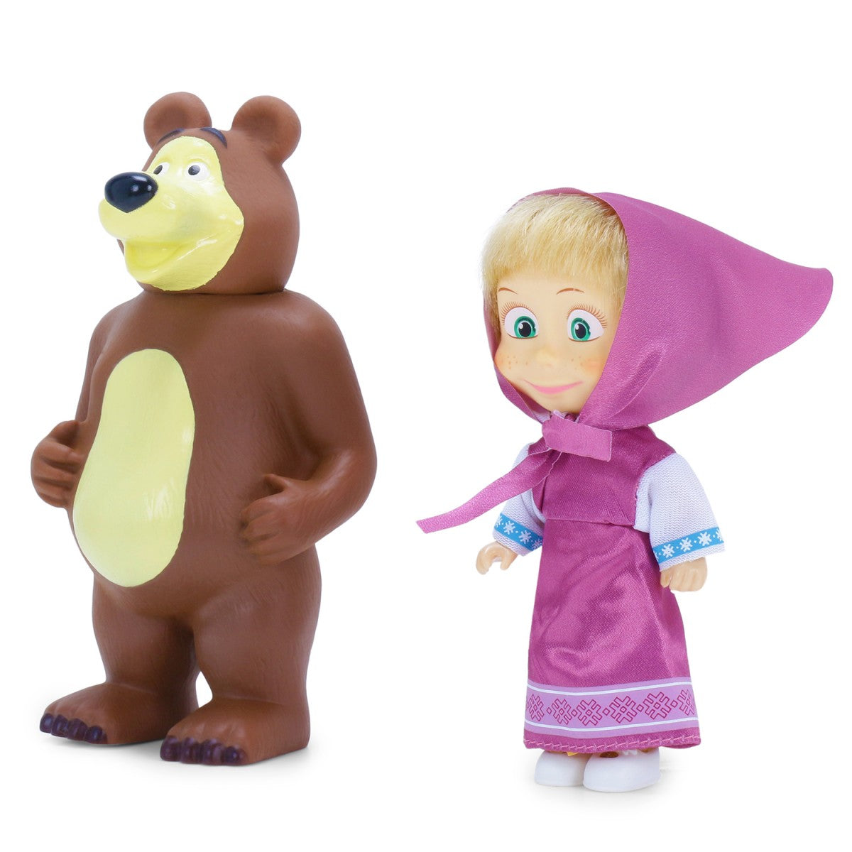 Toy bear and doll with pink hood on a white background