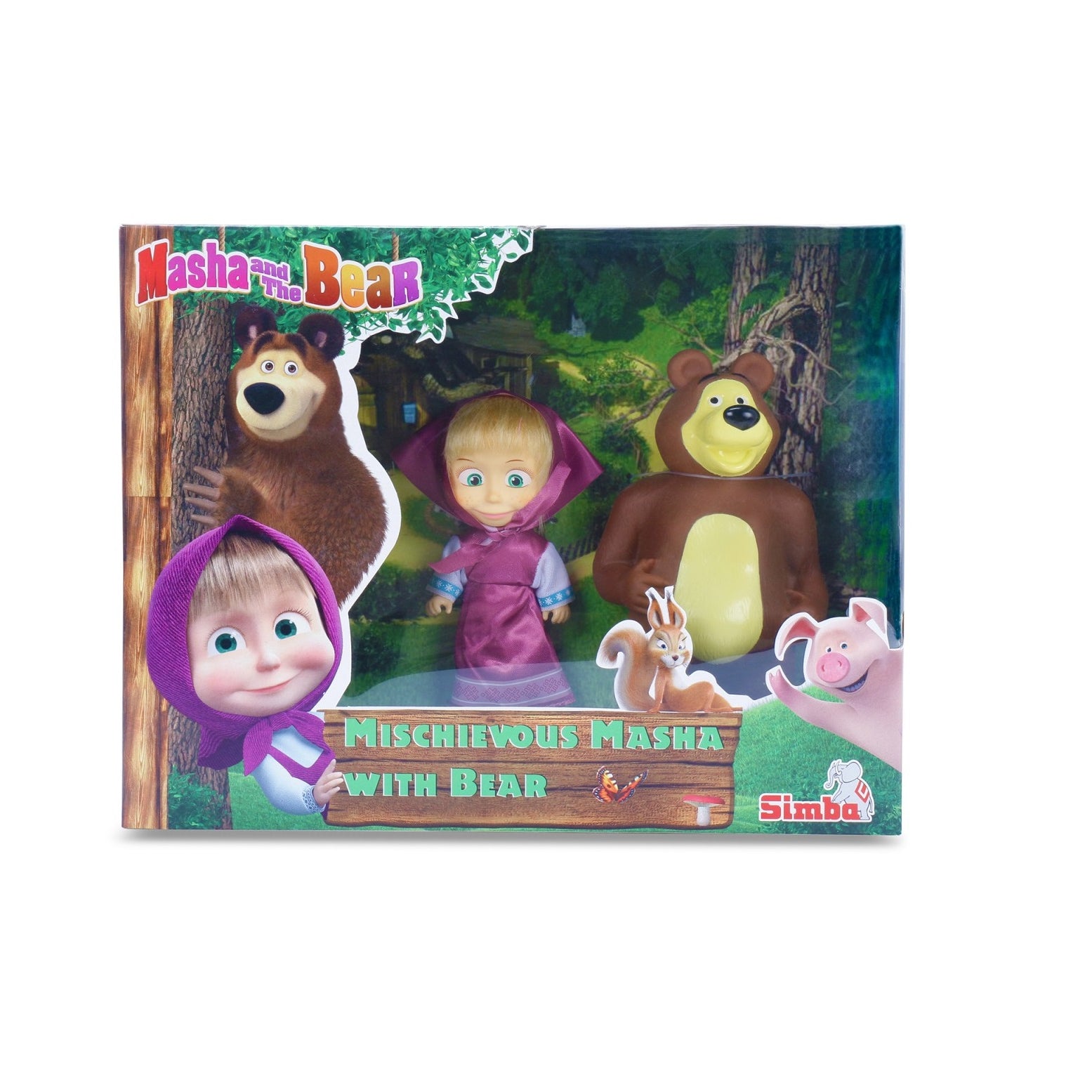 Toy set packaging featuring Masha and the Bear with Masha and a bear on a white background.