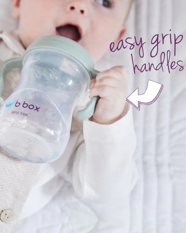b.box Soft Silicone Spout Cup for 4m+ | Sage Green | 240ml - Baby Transition Training Cup with Hygienic Built-In Lid & Easy-Grip Handles | Leak-Proof BPA-Free First Cup